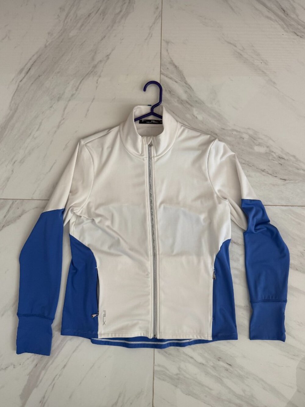 RLX Ralph Lauren Women’s XL Blue White Full Zip Golf Jacket Thumbholes
